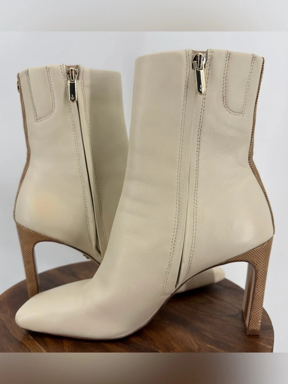 Sam Edelman Anika Cream Leather Square Toe Heeled Ankle Boots 7.5